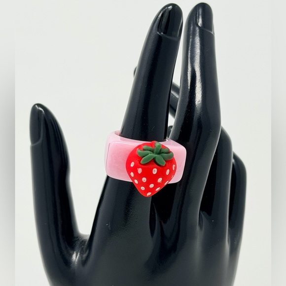 Pink Strawberry Ring Fruit Print 3D Rings Y2K Jewelry Fruity Gingham Accessories - Picture 3 of 16